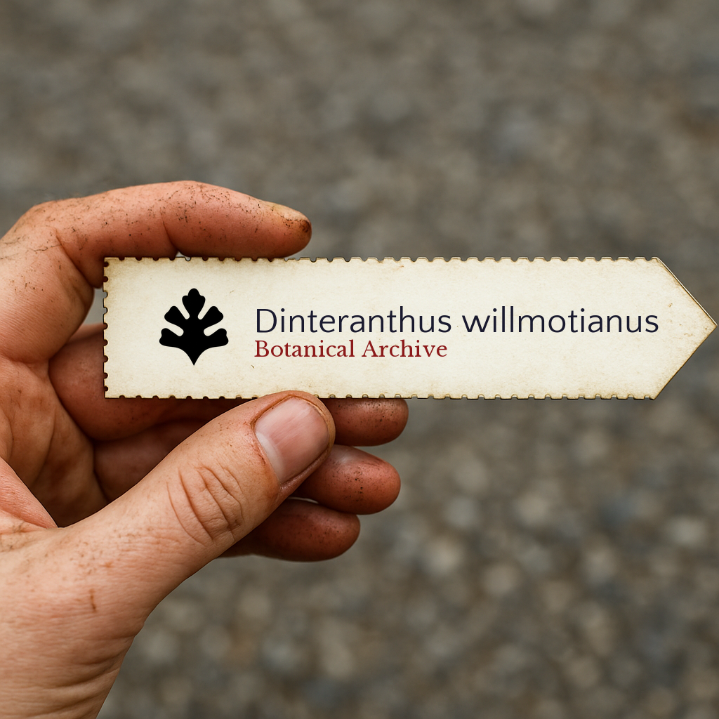 Printed plant label for Dinteranthus willmotianus held by hand with dirt on fingers