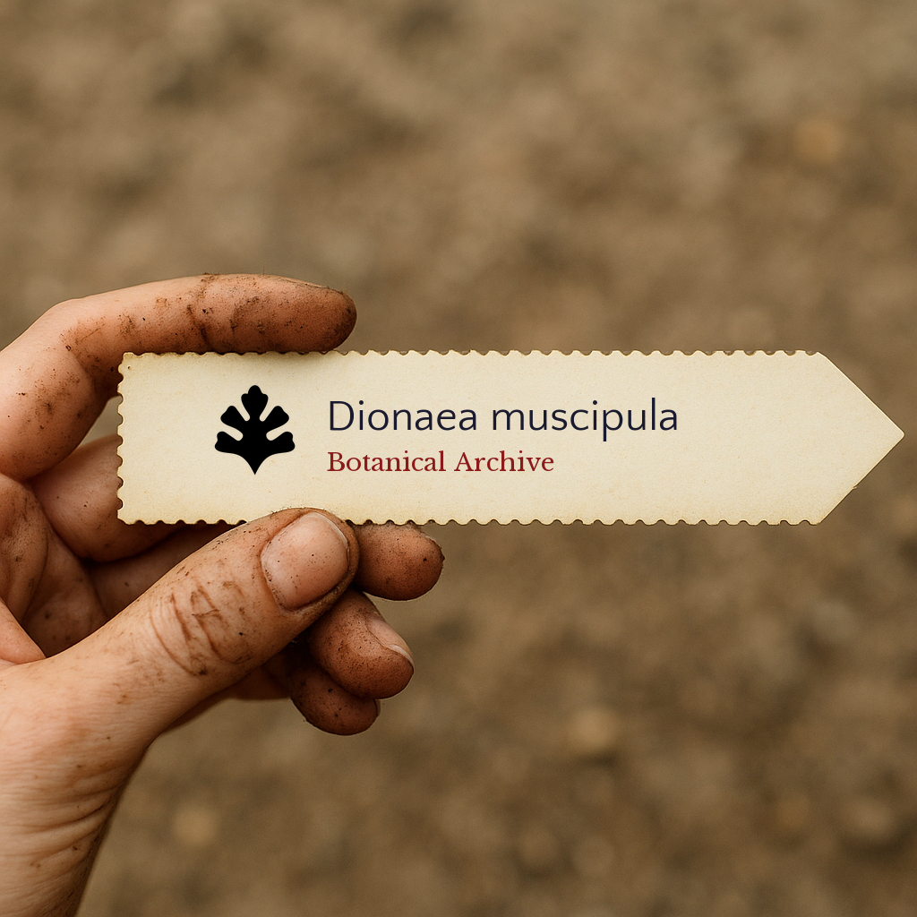 Printed plant label for Dionaea muscipula held by dirty hand over soil background