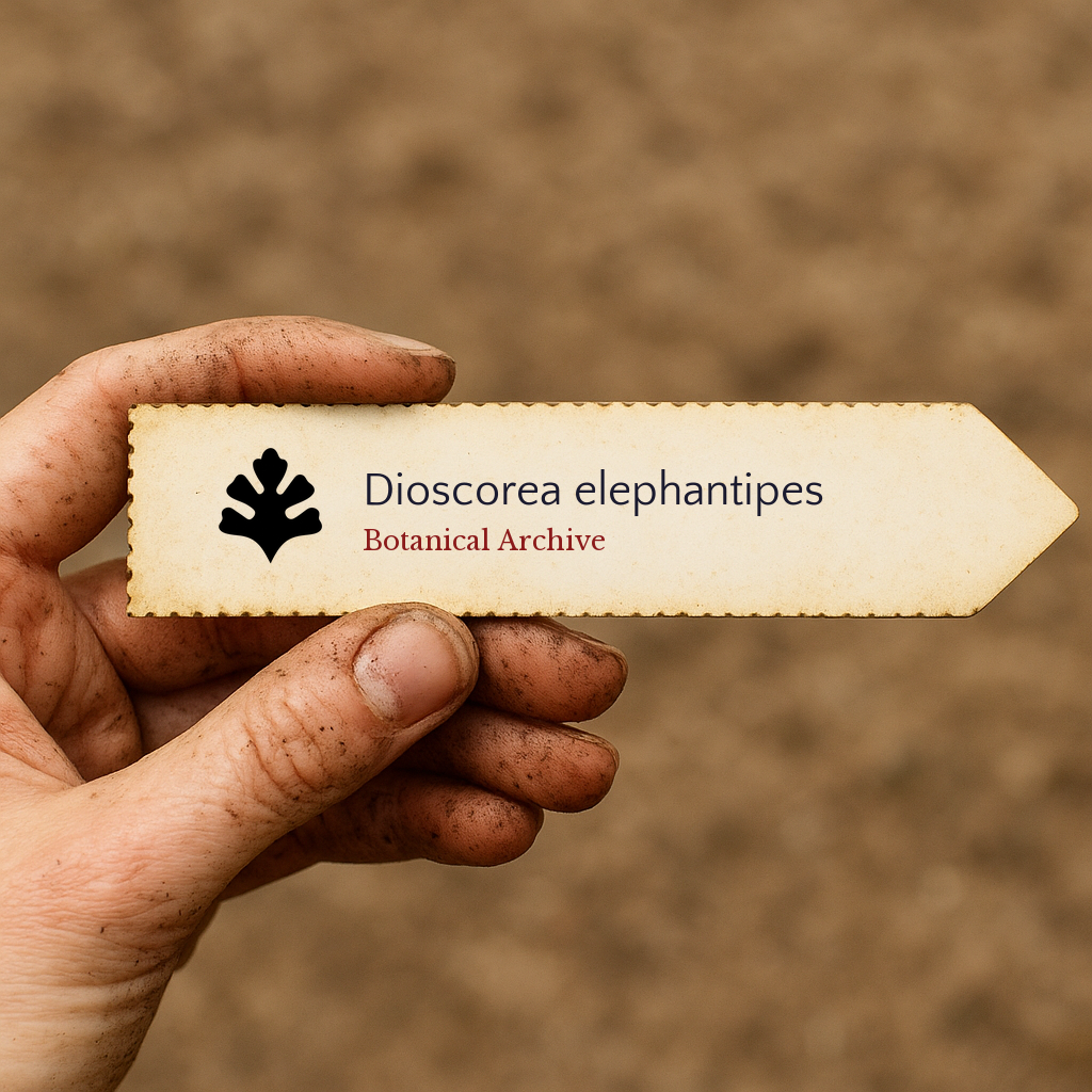 Printed plant label for Dioscorea elephantipes held by dirty hand outdoors