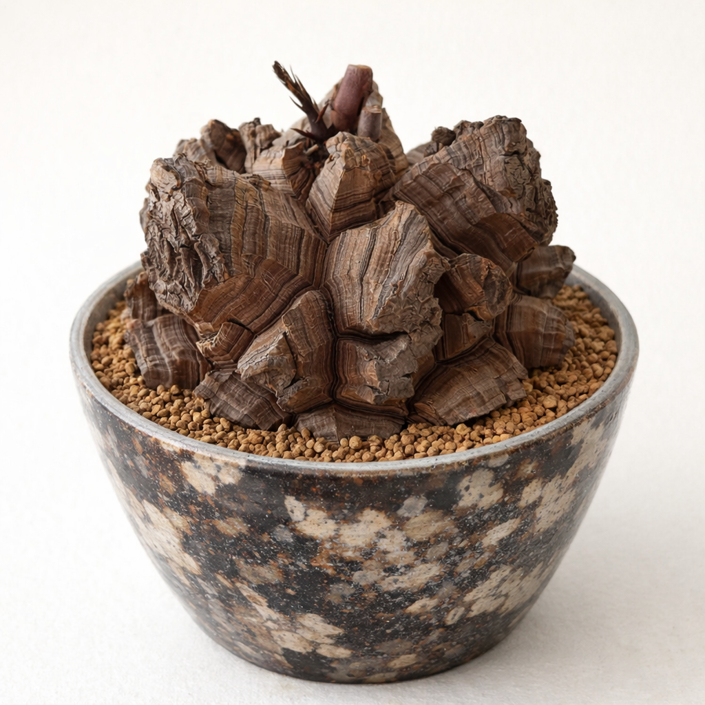 Caudice di Dioscorea elephantipes var. montana con superficie legnosa e testurizzata in vaso decorativo