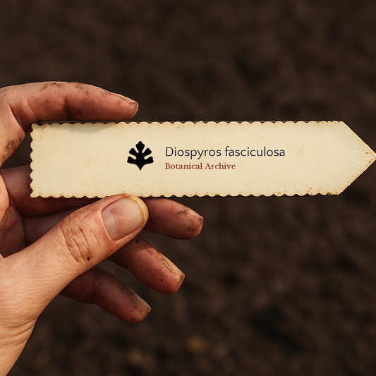 Printed plant label for Diospyros fasciculosa held by dirty hand over soil background