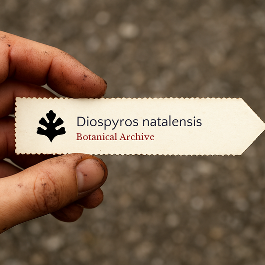 Printed plant label for Diospyros natalensis held by hand with soil-stained fingers