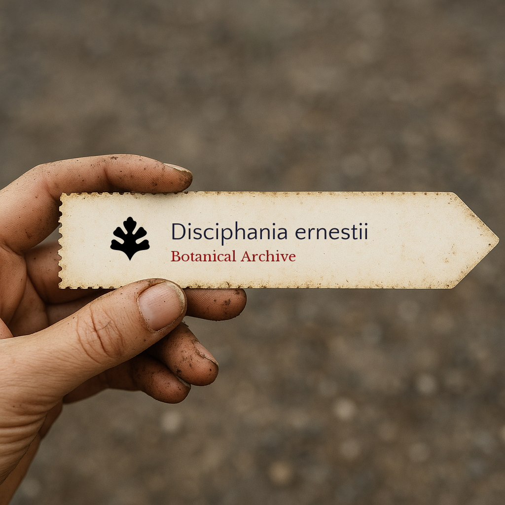 Printed plant label for Discophania ernestii held by hand with dirt background
