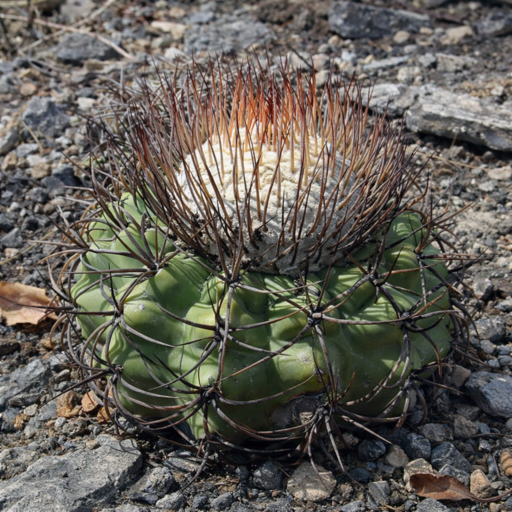 Discocactus sp. succulent cactus with green ribbed body and dense brown spines on rocky soil
