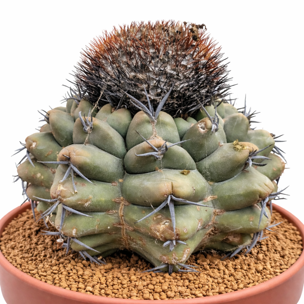 Discocactus sp. succulent cactus with thick green tubercles and dense dark spines in pot