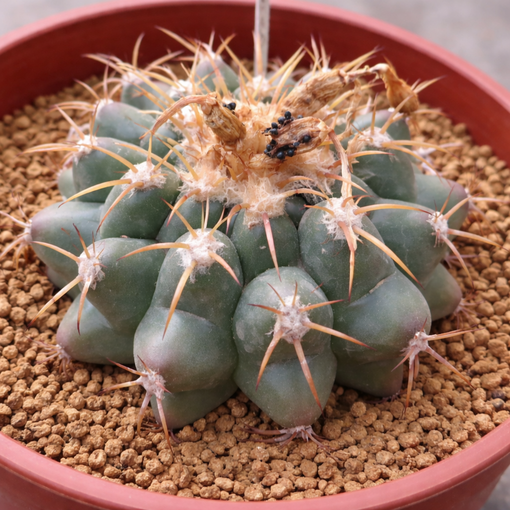 Discocactus sp. cactus succulento con tubercoli spessi e lunghe spine giallastre in vaso di terracotta