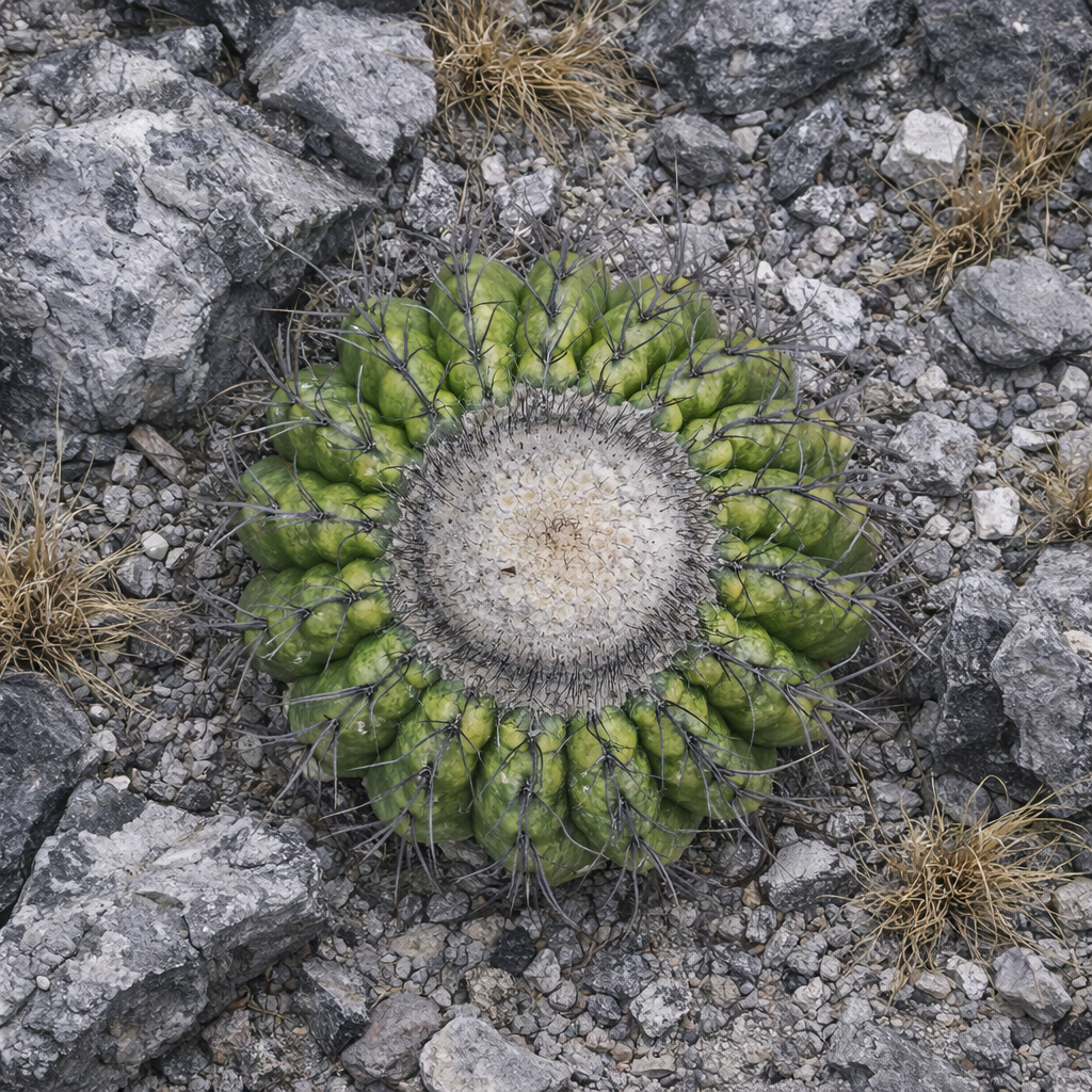 Discocactus sp. Taioberas rare succulent cactus with radial spines on rocky soil