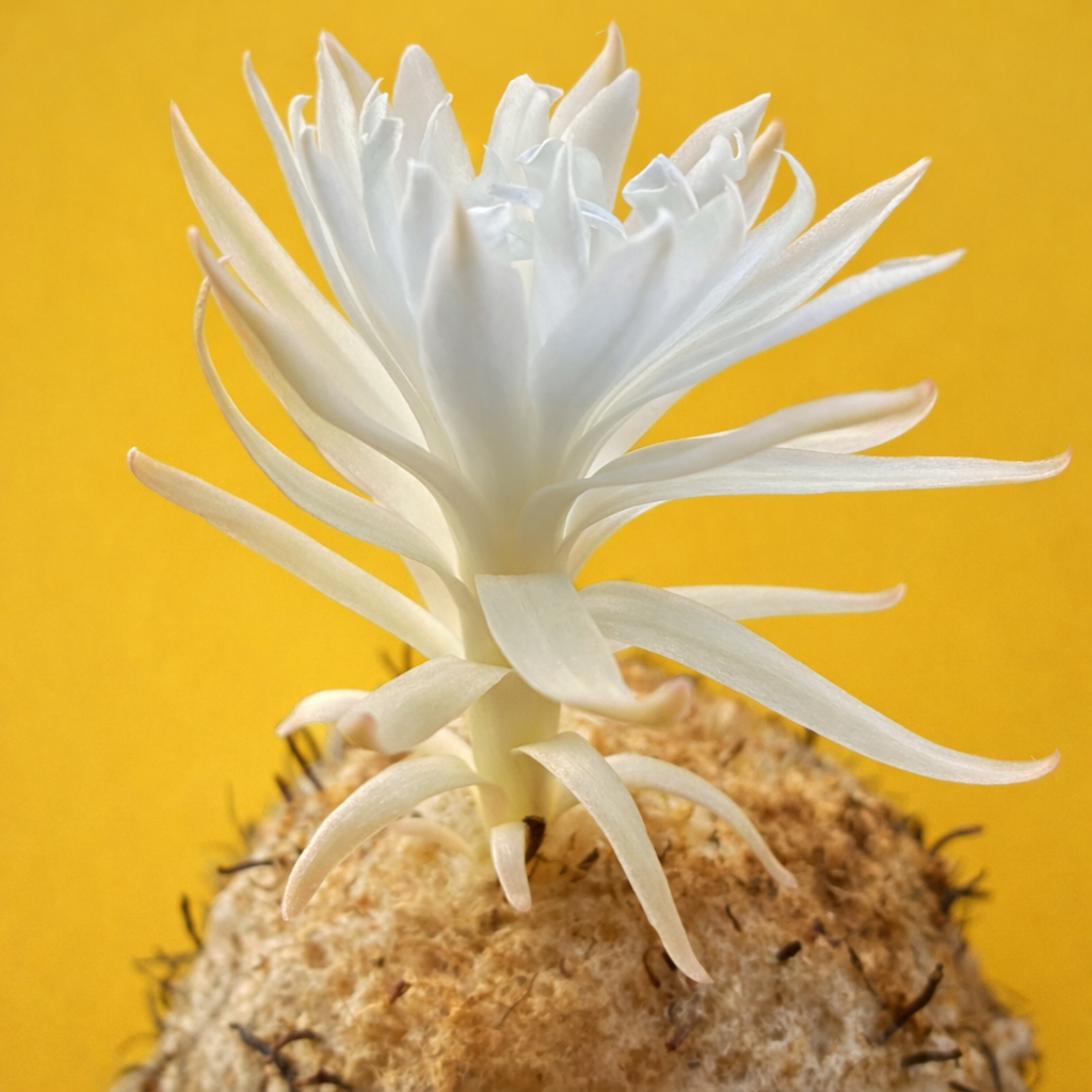 Fiore raro bianco di cactus Discocactus spinosior che fiorisce su uno stelo lanoso