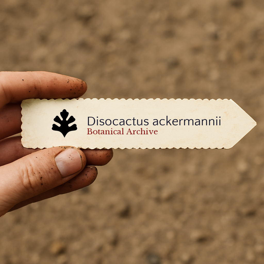Etichetta a stampa per pianta Disocactus ackermannii tenuta a mano su sfondo di terra