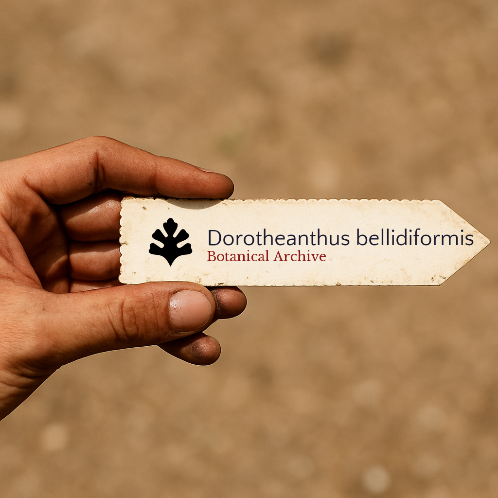 Etichetta stampata per piante di Dorotheanthus bellidiformis con logo Botanical Archive tenuta a mano