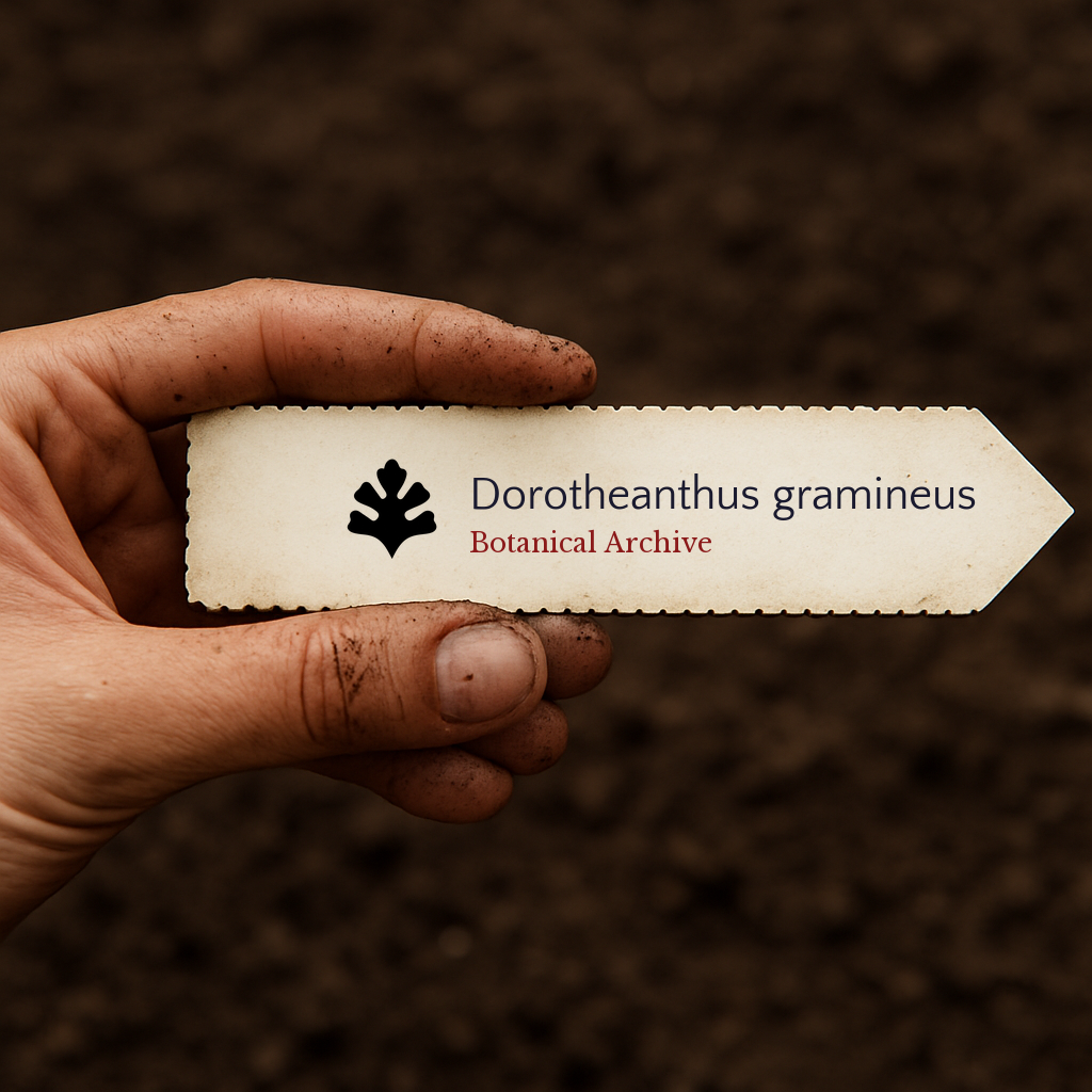 Printed plant label for Dorotheanthus gramineus held in dirty hand over soil background