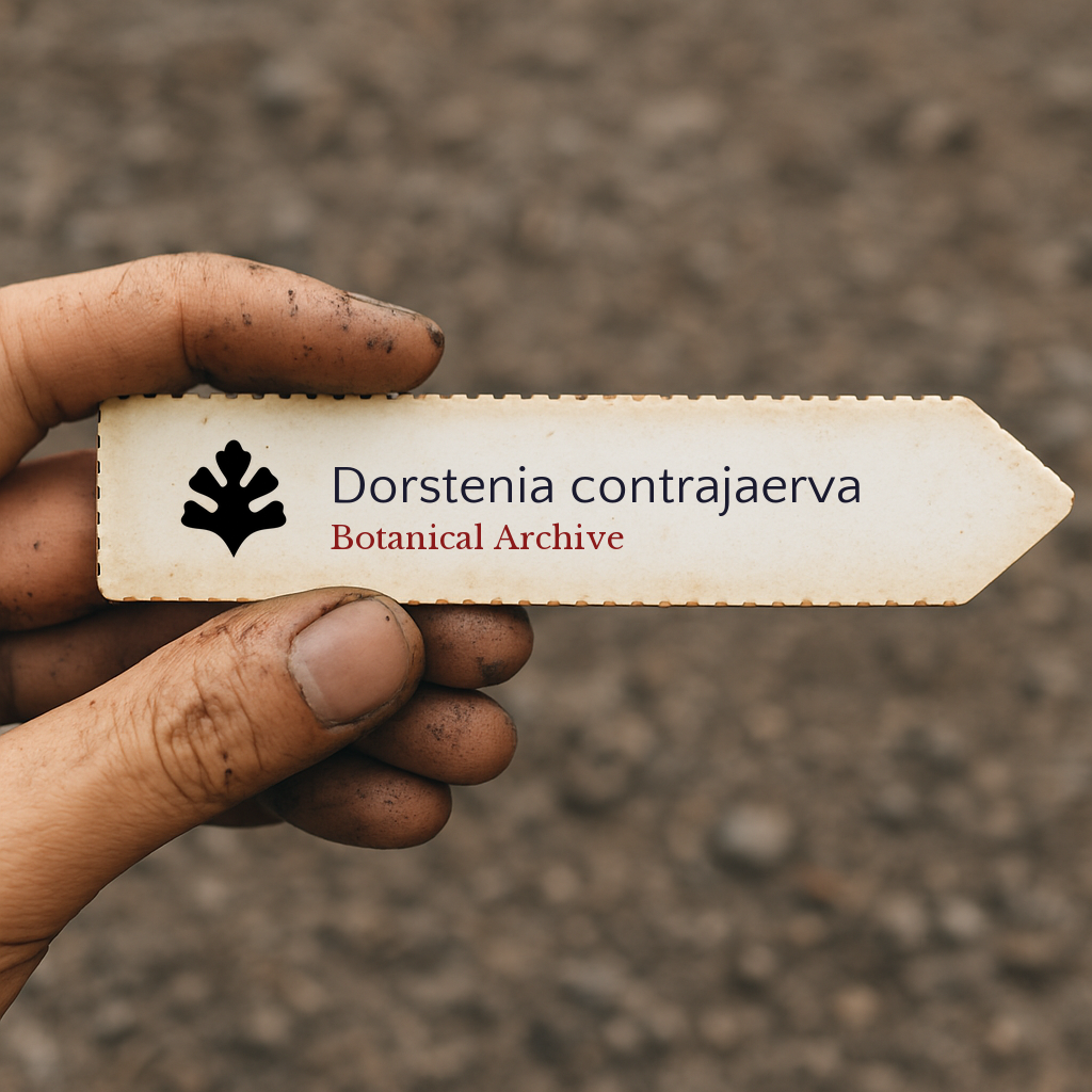 Printed plant label for Dorstenia contrajaerva held by dirty hand over soil background