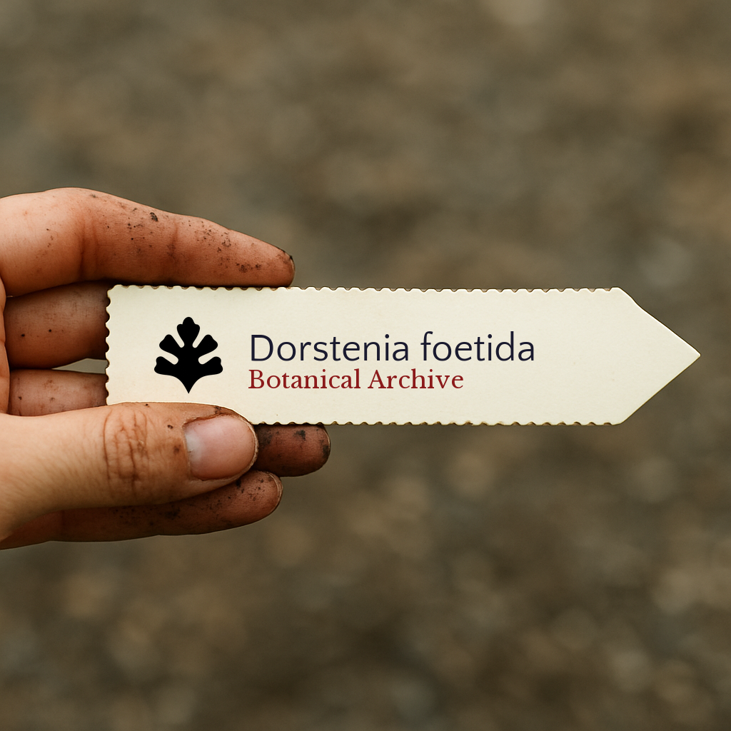 Etichetta per pianta di Dorstenia foetida con il logo di Botanical Archive tenuta da una mano sporca