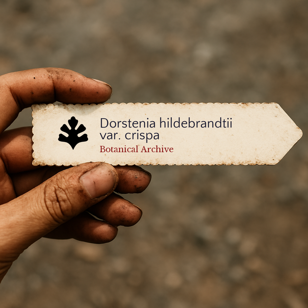 Printed plant label for Dorstenia hildebrandtii var. crispa held by hand with dirt background