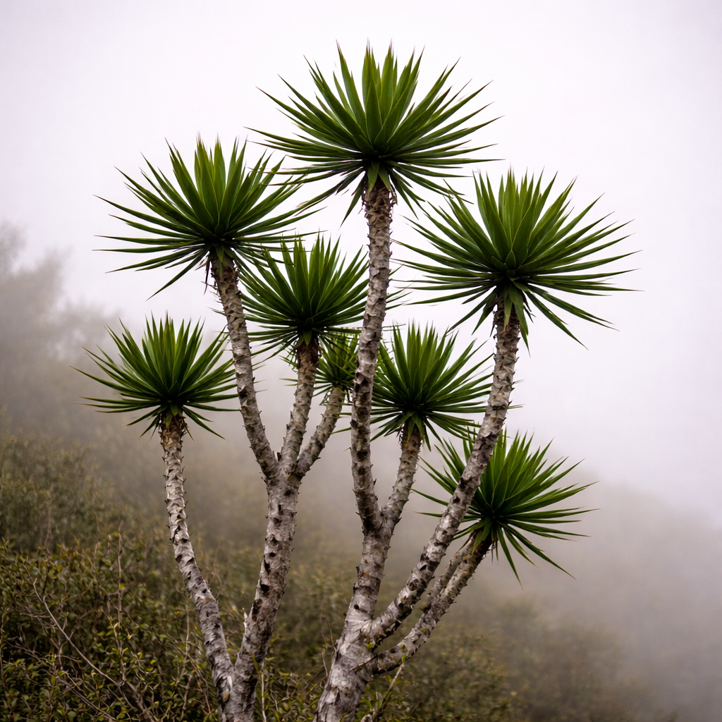 Dracaena arborea tall succulent tree with spiky green leaves and textured gray trunk