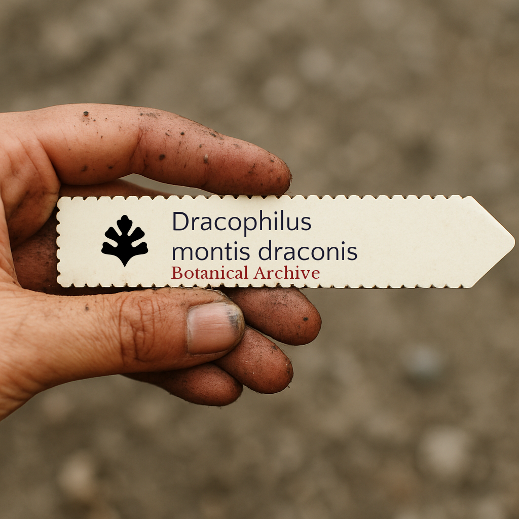 Printed plant label for Dracophilus montis draconis held by dirty hand outdoors