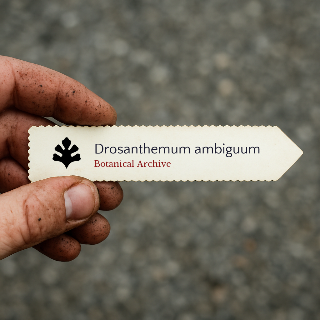 Etichetta per pianta stampata per Drosanthemum ambiguum tenuta da mano sporca all'aperto