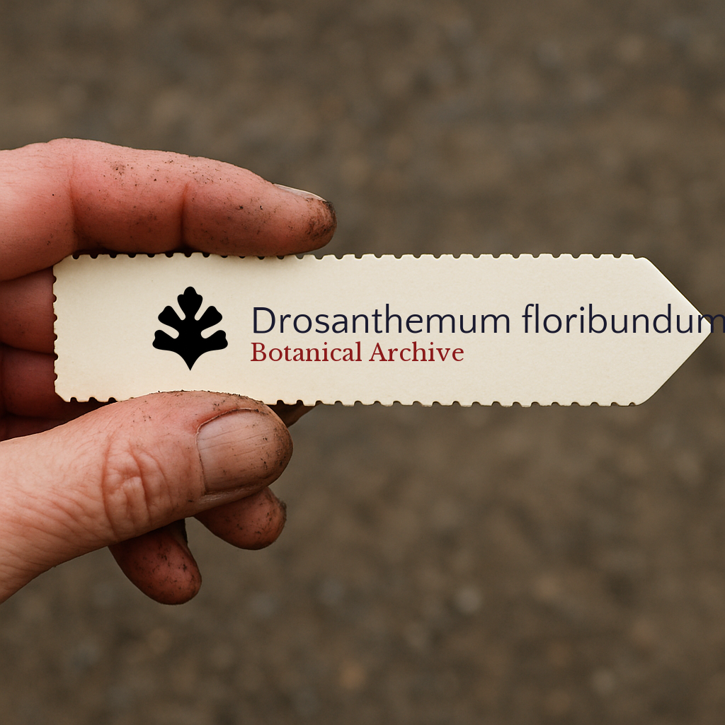 Printed plant label for Drosanthemum floribundum held by dirty hand against soil background