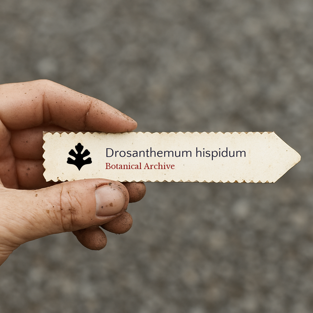 Etichetta per piante stampata per Drosanthemum hispidum tenuta da una mano sporca all'aperto
