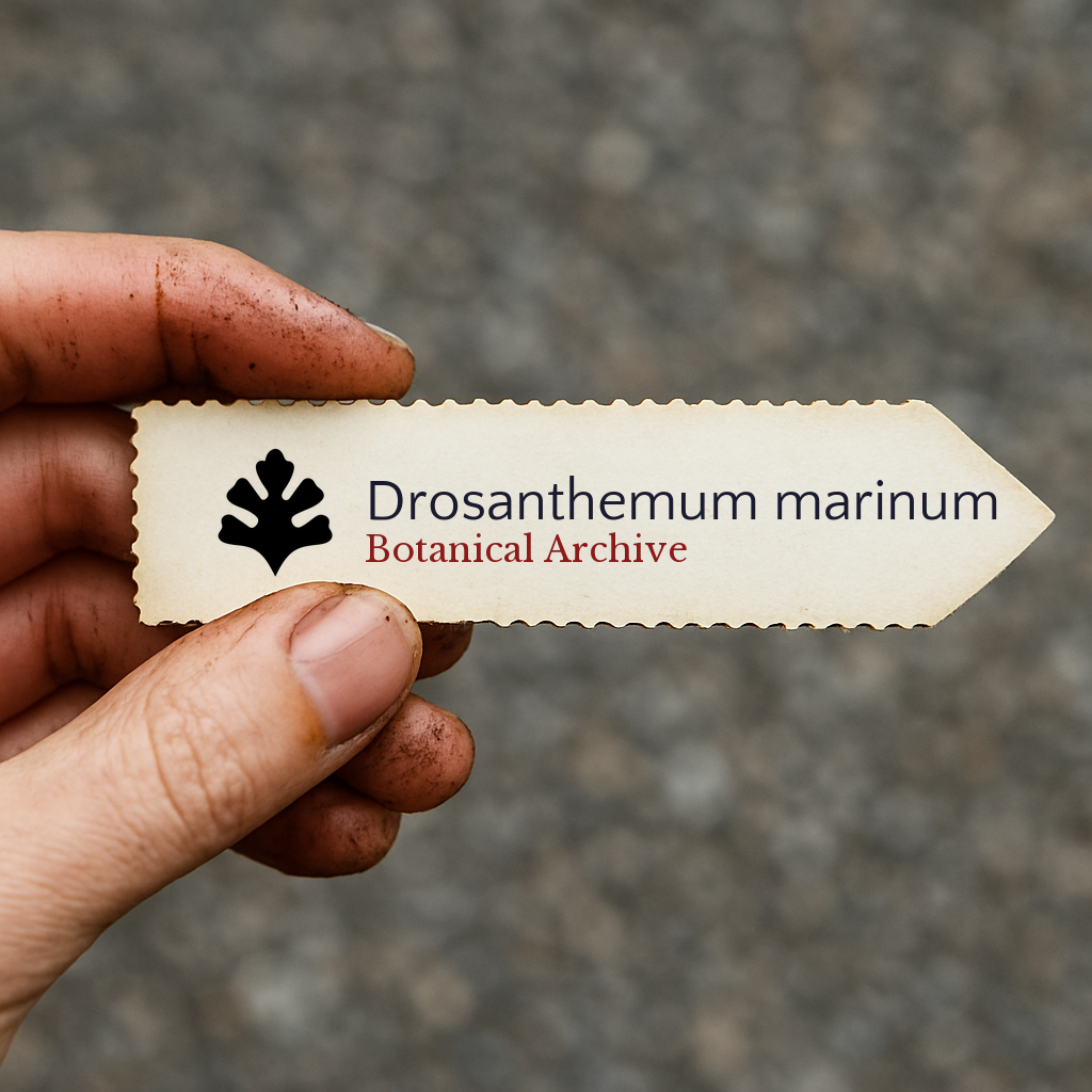 Etichetta stampata per pianta di Drosanthemum marinum tenuta da mano sporca all'aperto
