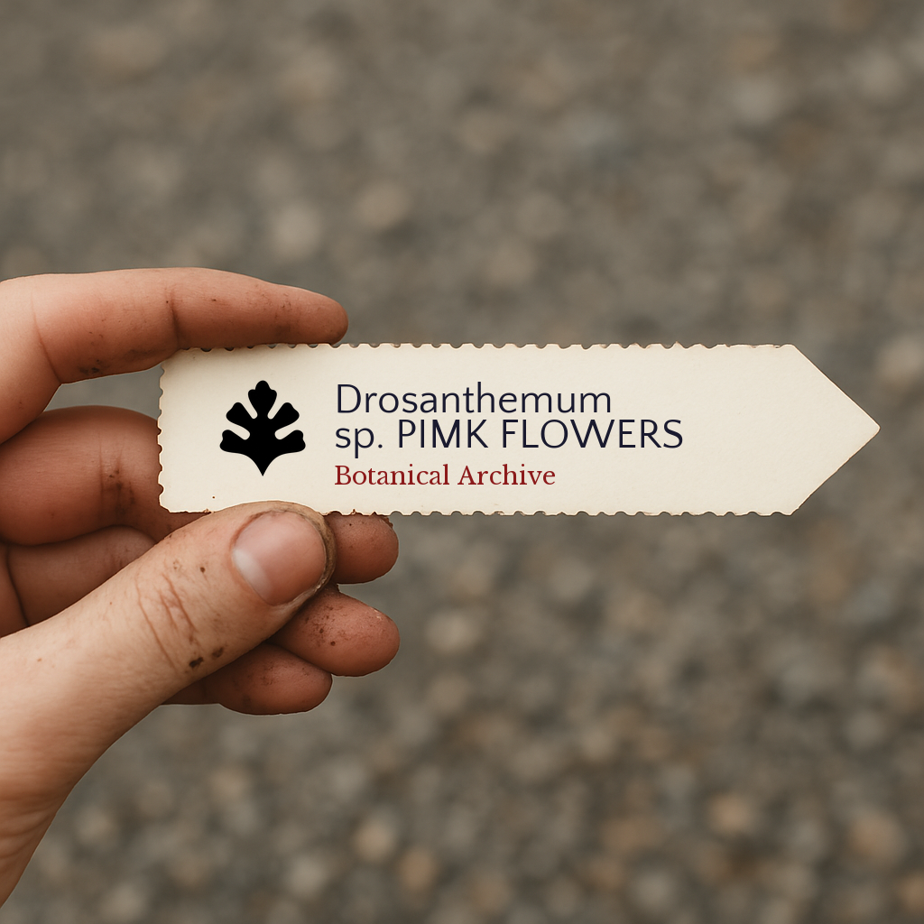 Printed plant label for Drosanthemum sp. PIMK FLOWERS held by hand outdoors