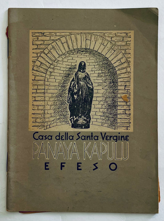 Copertina libro vintage di Casa della Santa Vergine Panaya Kapulu Efeso con illustrazione di statua religiosa