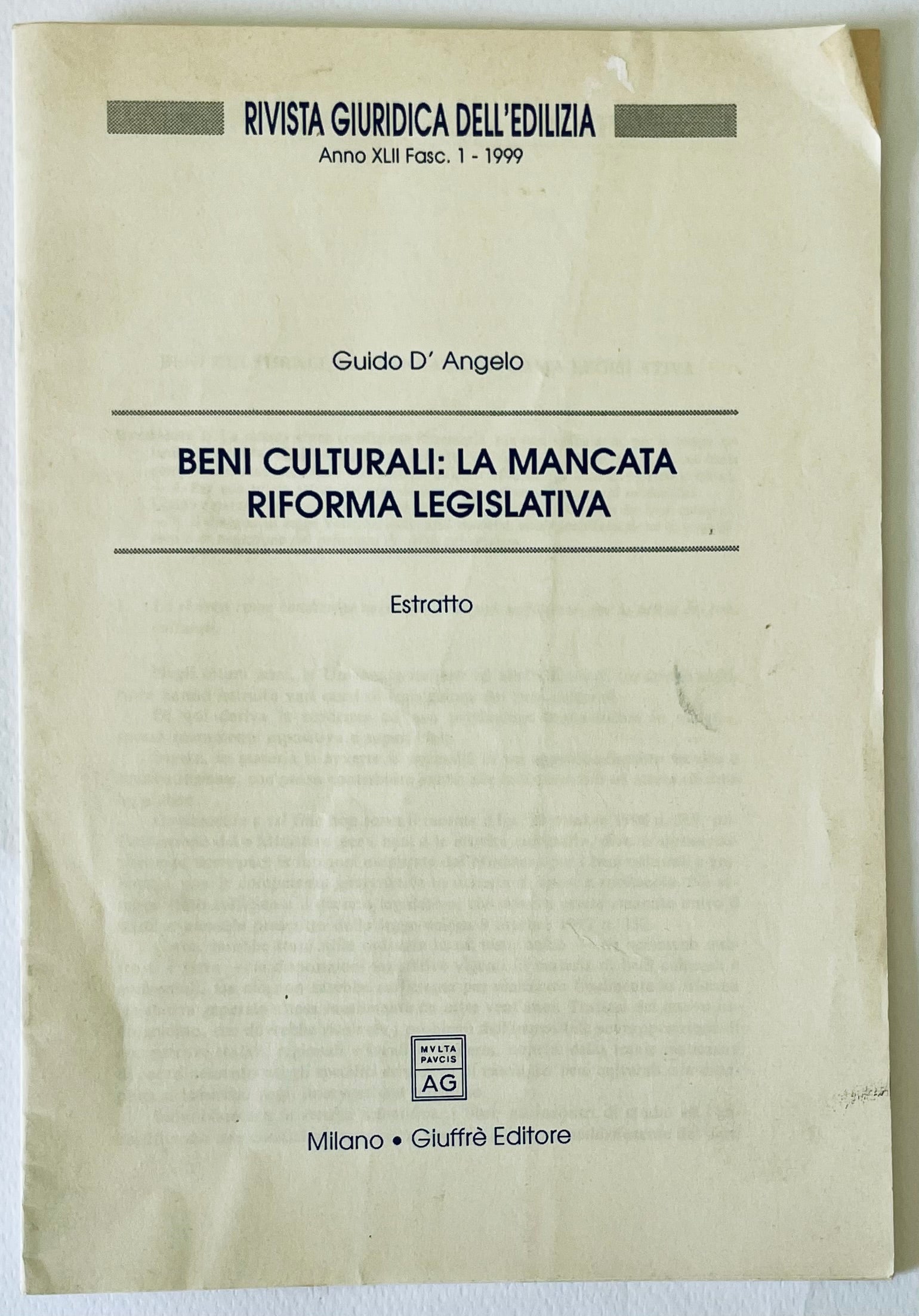 Estratto Rivista Giuridica dell'Edilizia 1999 rivista giuridica sulla riforma legislativa del patrimonio culturale di Guido D'Angelo