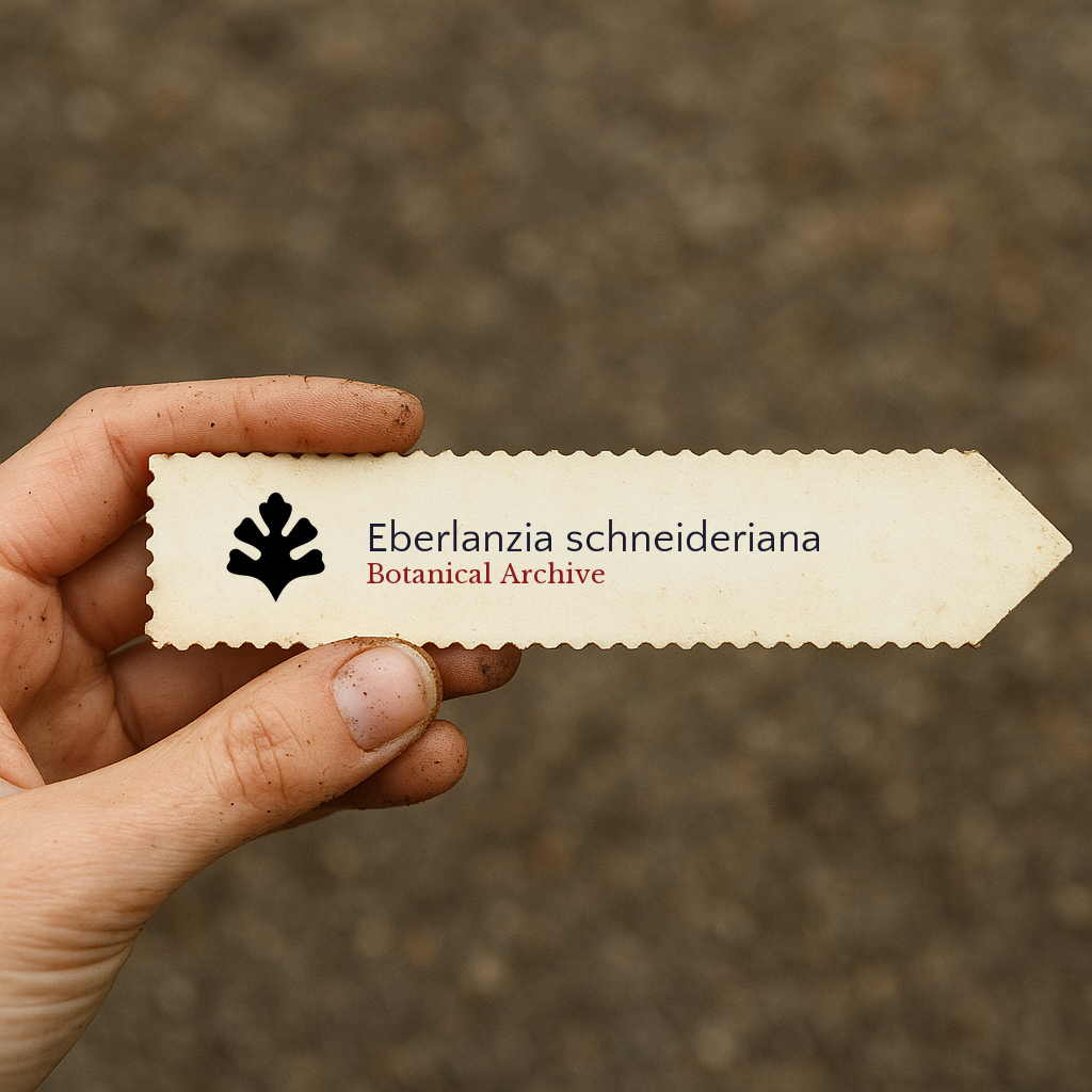 Printed plant label for Eberlanzia schneideriana held by hand with soil background