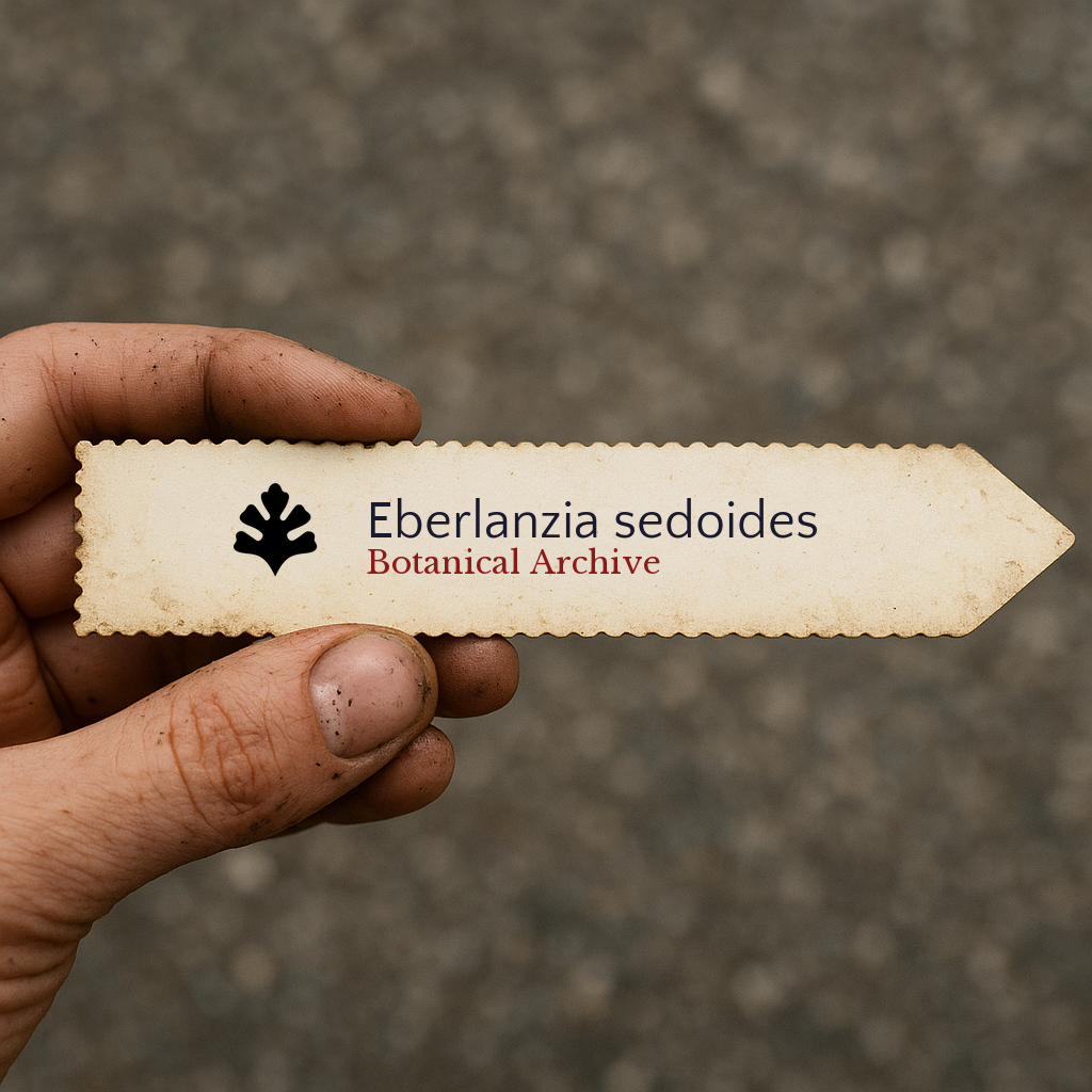 Etichetta stampata per pianta di Eberlanzia sedoides con logo Botanical Archive tenuta a mano