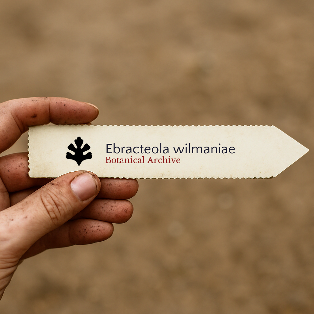 Printed plant label for Ebracteola wilmaniae with botanical archive logo held by hand