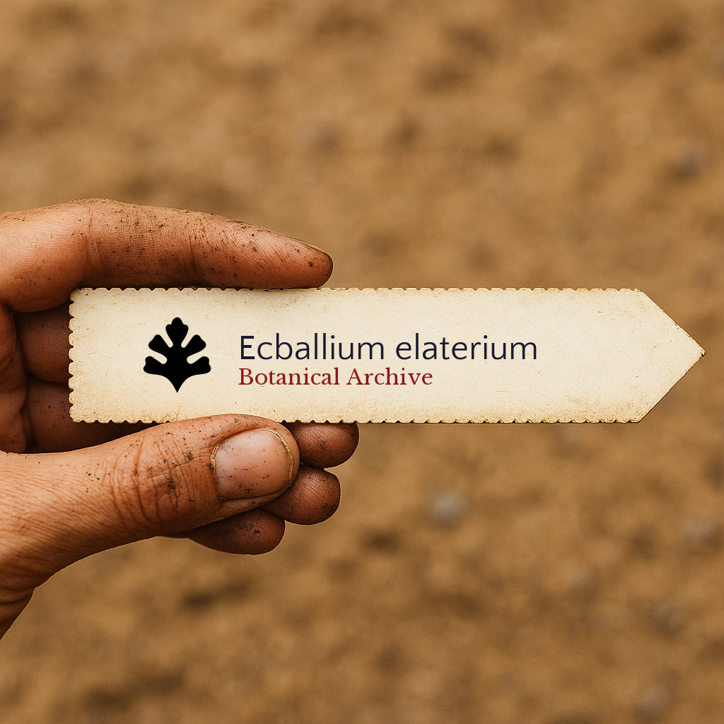 Etichetta stampata per pianta di Ecballium elaterium tenuta da una mano sporca di terra all'aperto