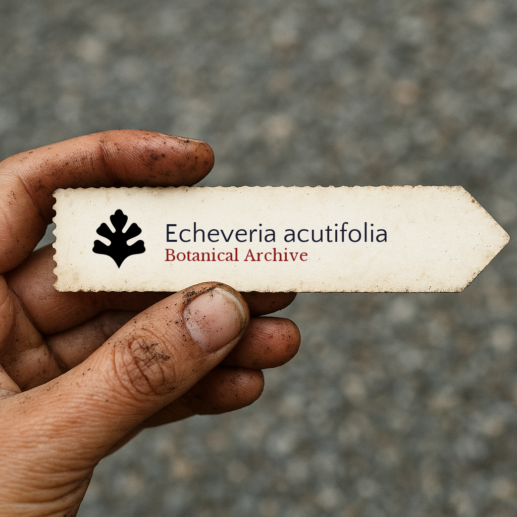 Etichetta per pianta stampata per Echeveria acutifolia Botanical Archive tenuta da una mano sporca
