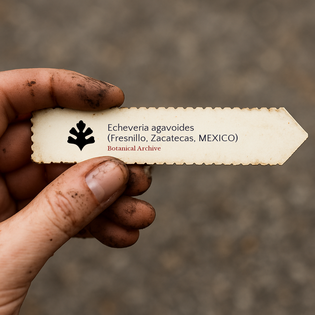 Printed plant label for Echeveria agavoides with botanical archive logo held by dirty hand