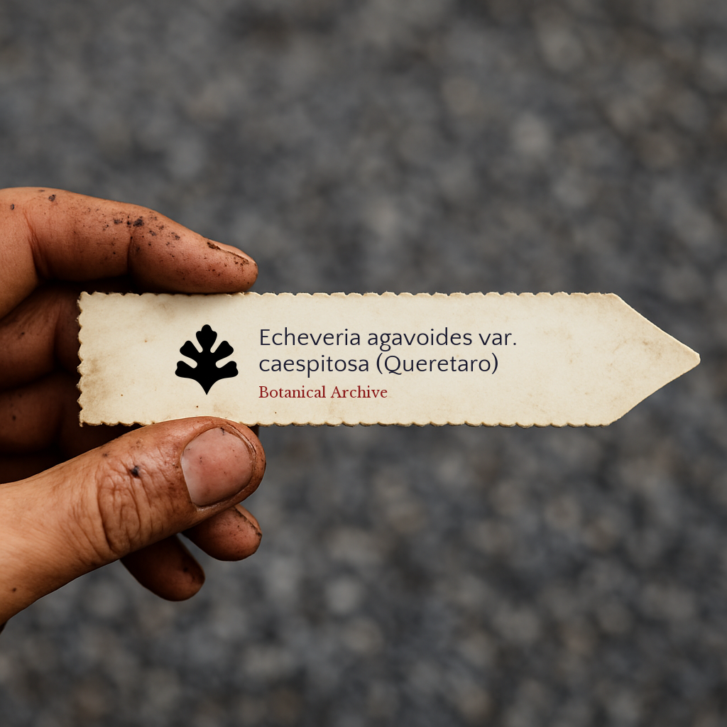 Printed plant label for Echeveria agavoides var. caespitosa with botanical archive logo