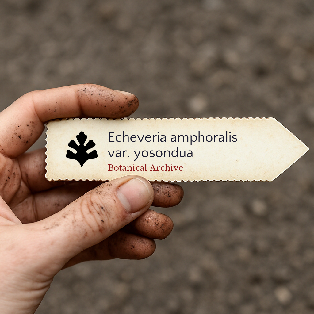 Printed plant label for Echeveria amphoralis var. yosondua held by dirty hand