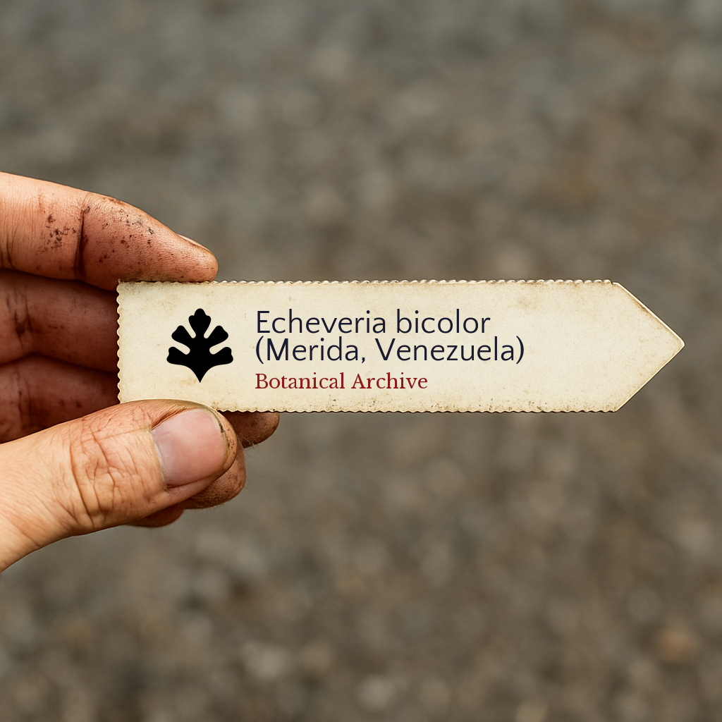 Printed plant label for Echeveria bicolor held by hand with dirt background