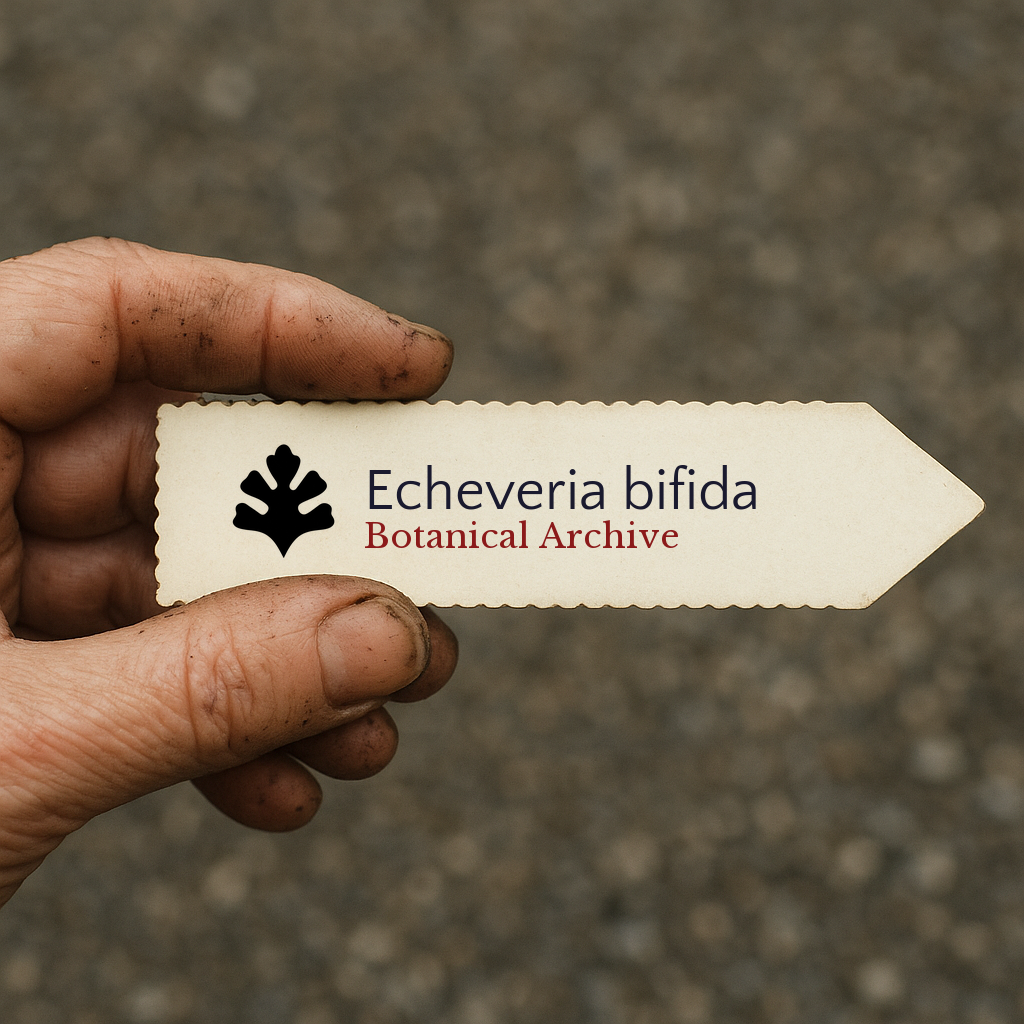 Printed plant label for Echeveria bifida held by hand with dirt on fingers