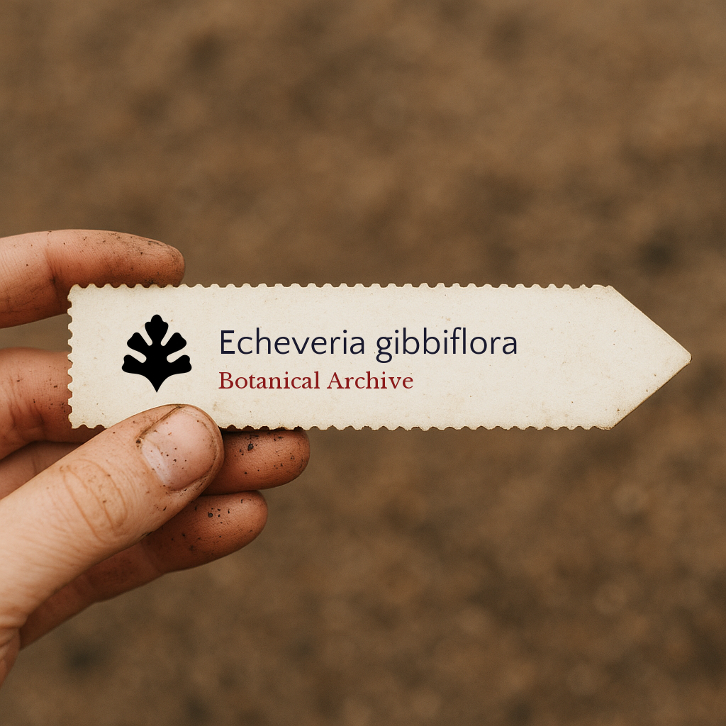 Printed plant label for Echeveria gibbiflora held by hand with soil background