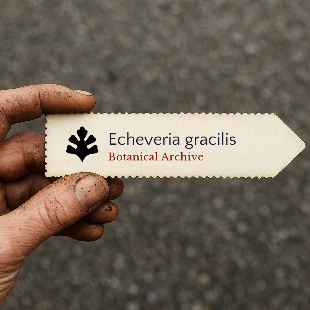 Printed plant label for Echeveria gracilis with botanical archive logo held by hand