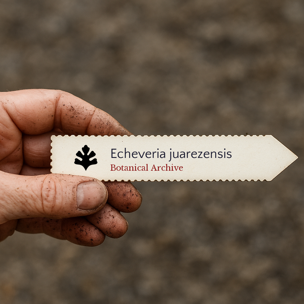 Printed plant label for Echeveria juarezensis held by dirty hand outdoors