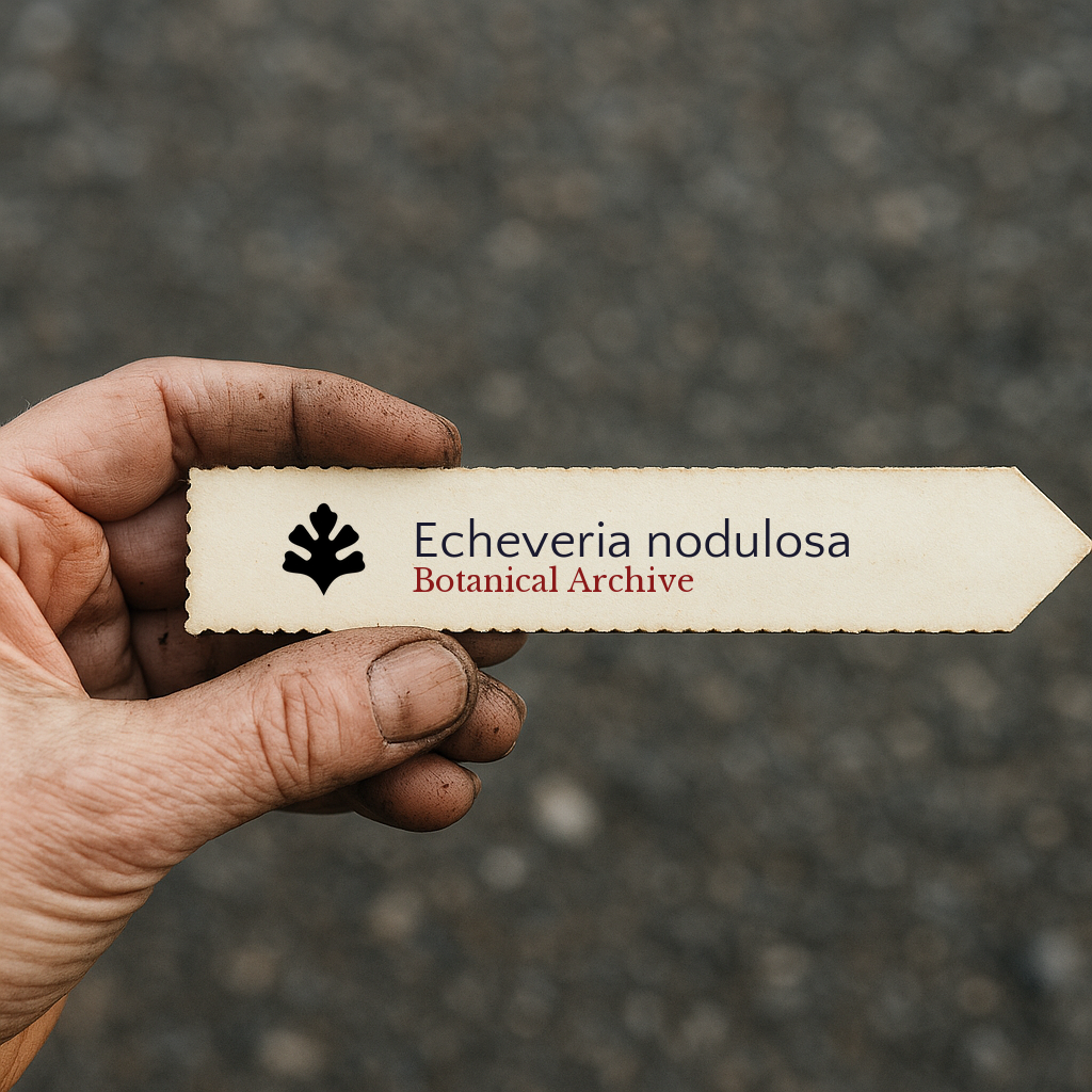 Printed plant label for Echeveria nodulosa held by hand with dirt on fingers