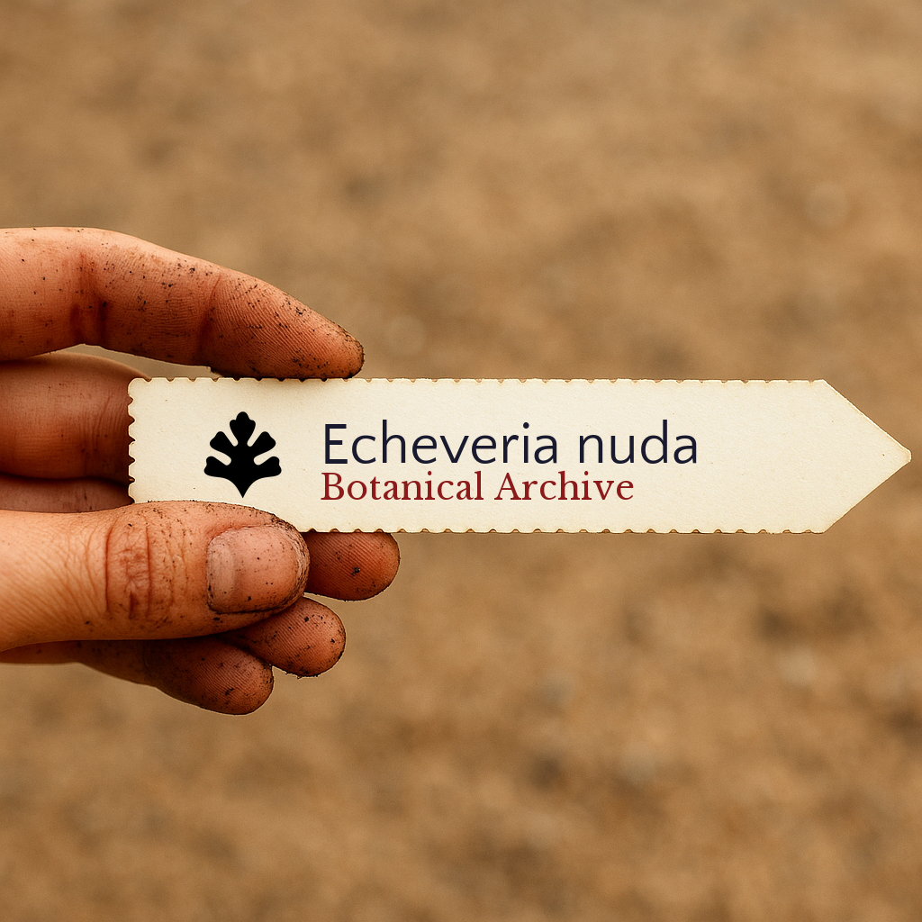 Printed plant label for Echeveria nuda held by dirty hand over soil background