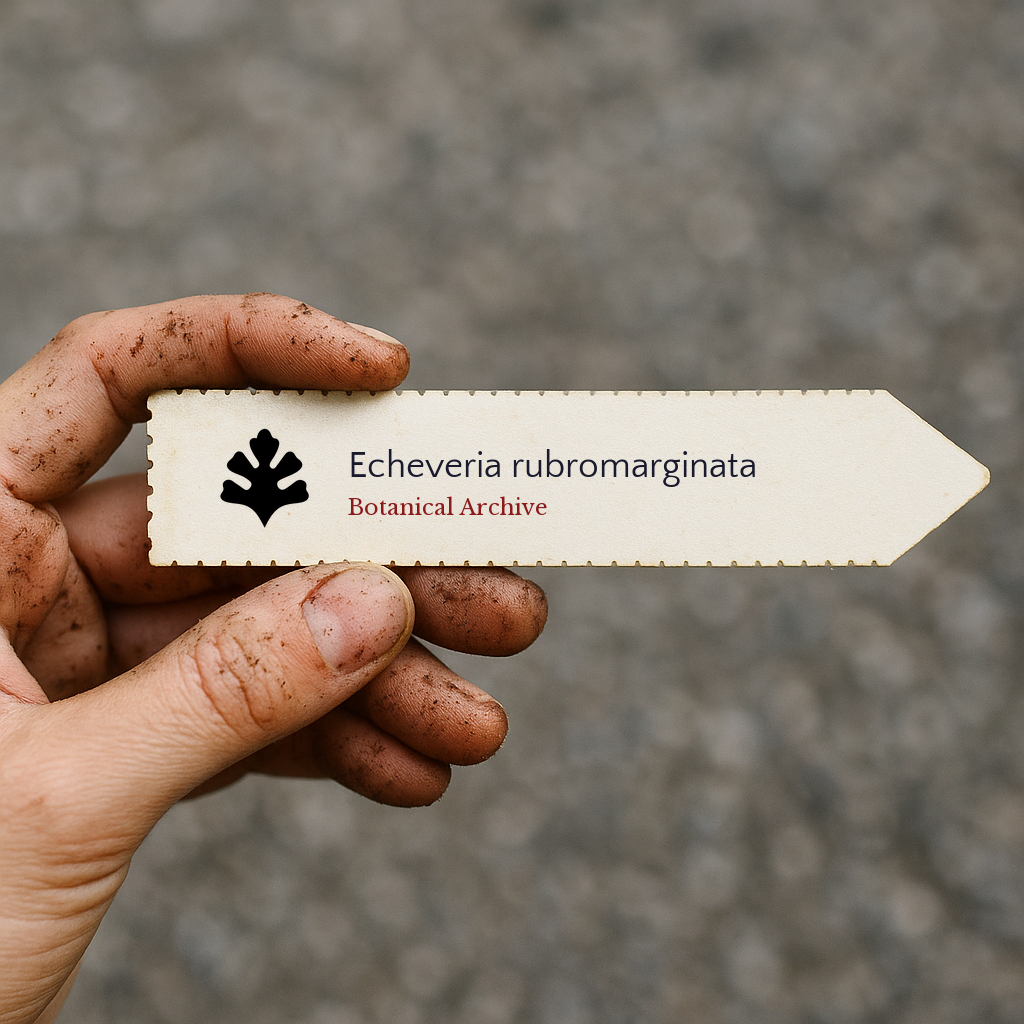 Printed plant label for Echeveria rubromarginata held by dirty hand outdoors