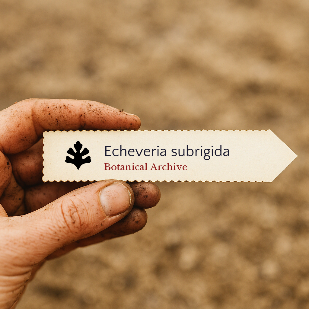 Printed plant label for Echeveria subrigida held by dirty hand outdoors