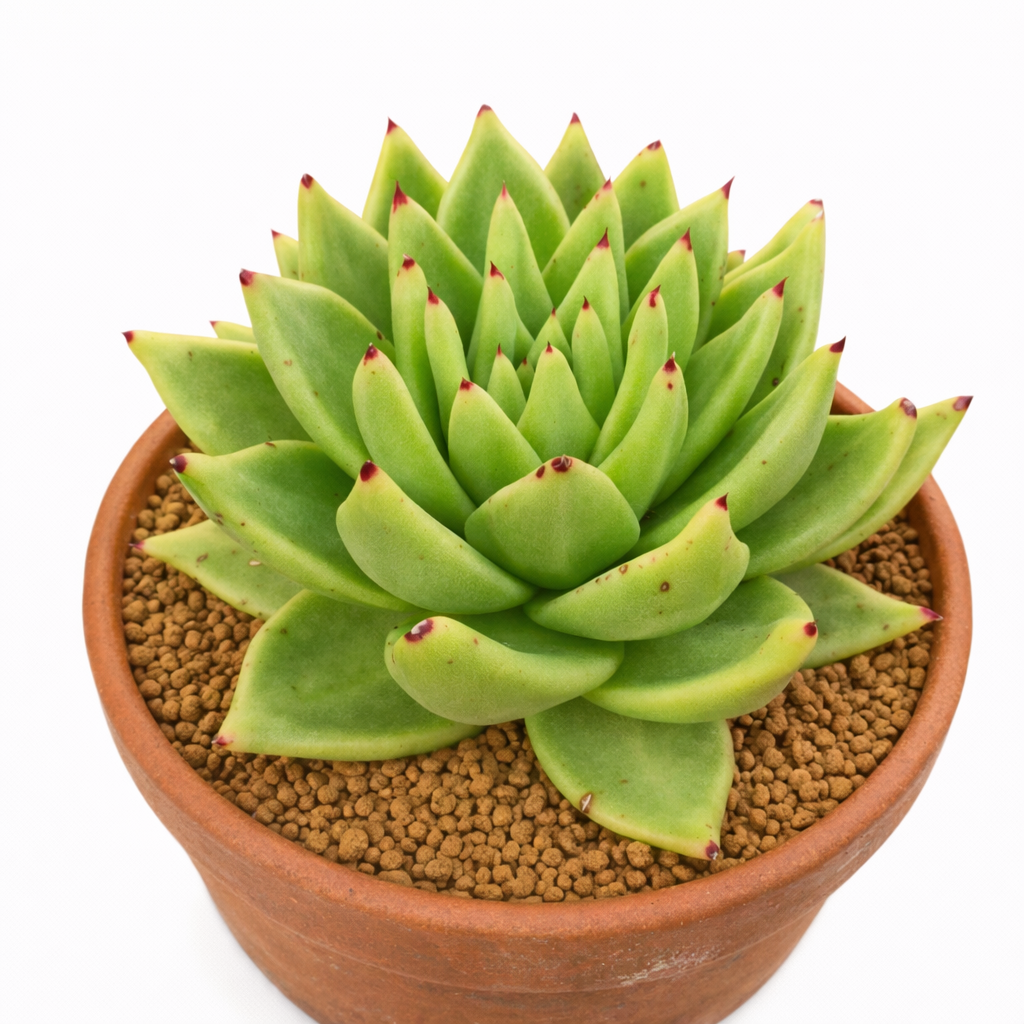Rosetta succulenta di Echeveria agavoides var. corderoyi con foglie verdi appuntite e punte rosse in vaso di terracotta