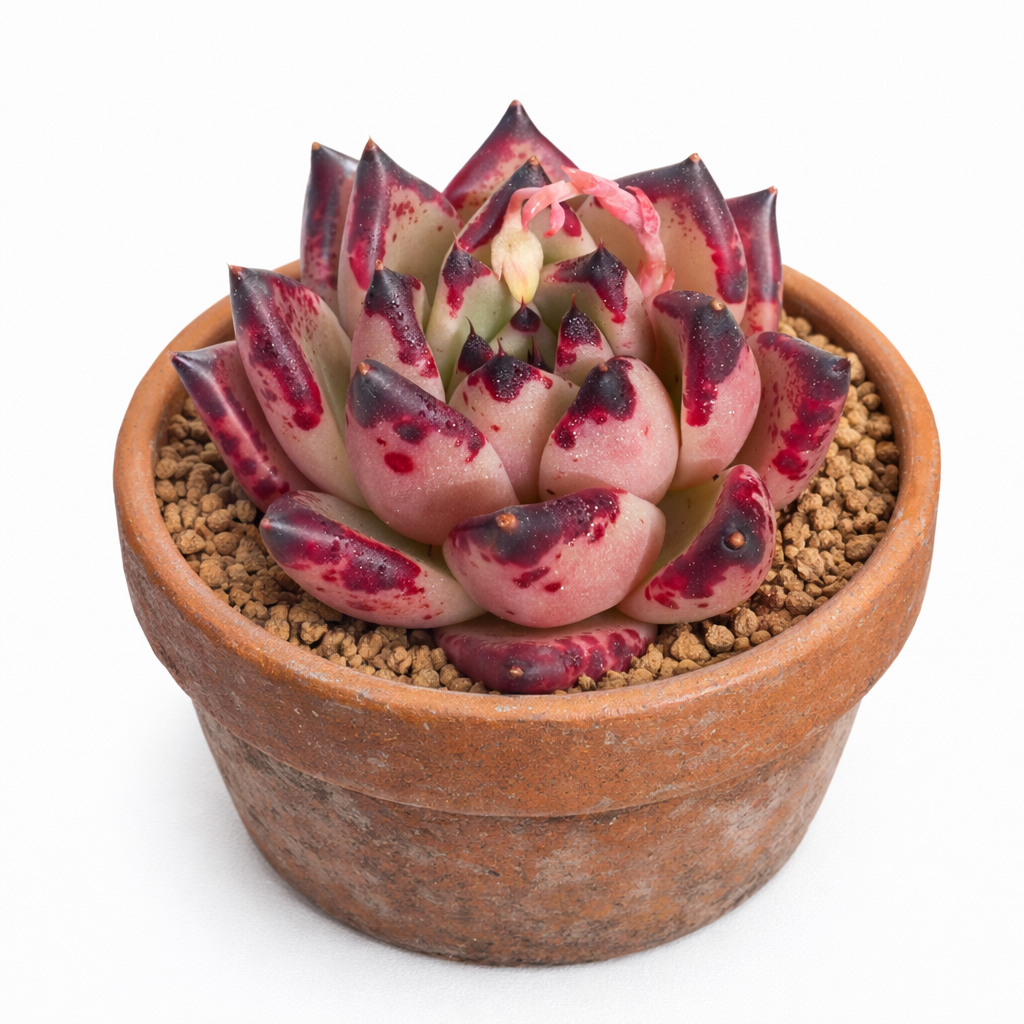 Echeveria agavoides var. ebony succulent with dark red-tipped fleshy leaves in terracotta pot