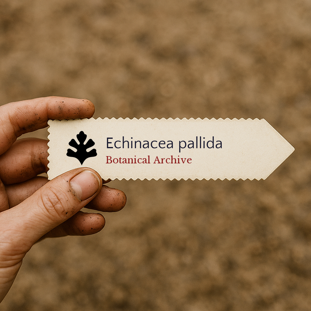 Printed plant label for Echinacea pallida held by hand with soil background