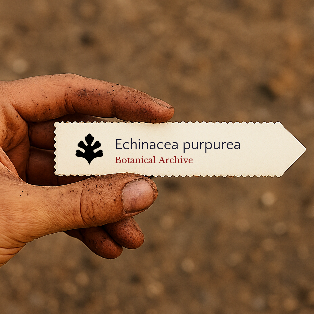 Etichetta per pianta stampata per Echinacea purpurea tenuta da una mano sporca con sfondo di terreno