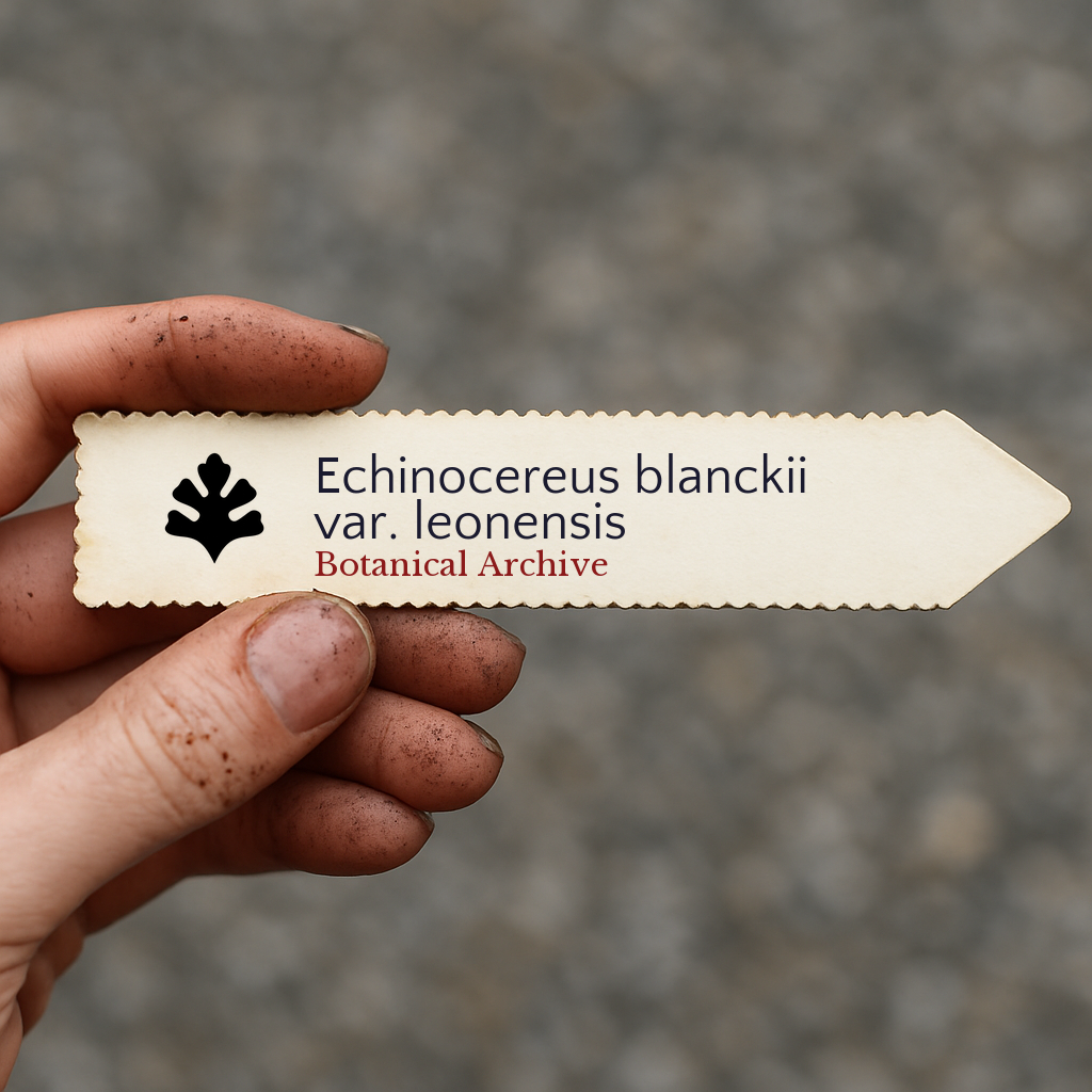 Printed plant label for Echinocereus blanckii var. leonensis held by dirty hand