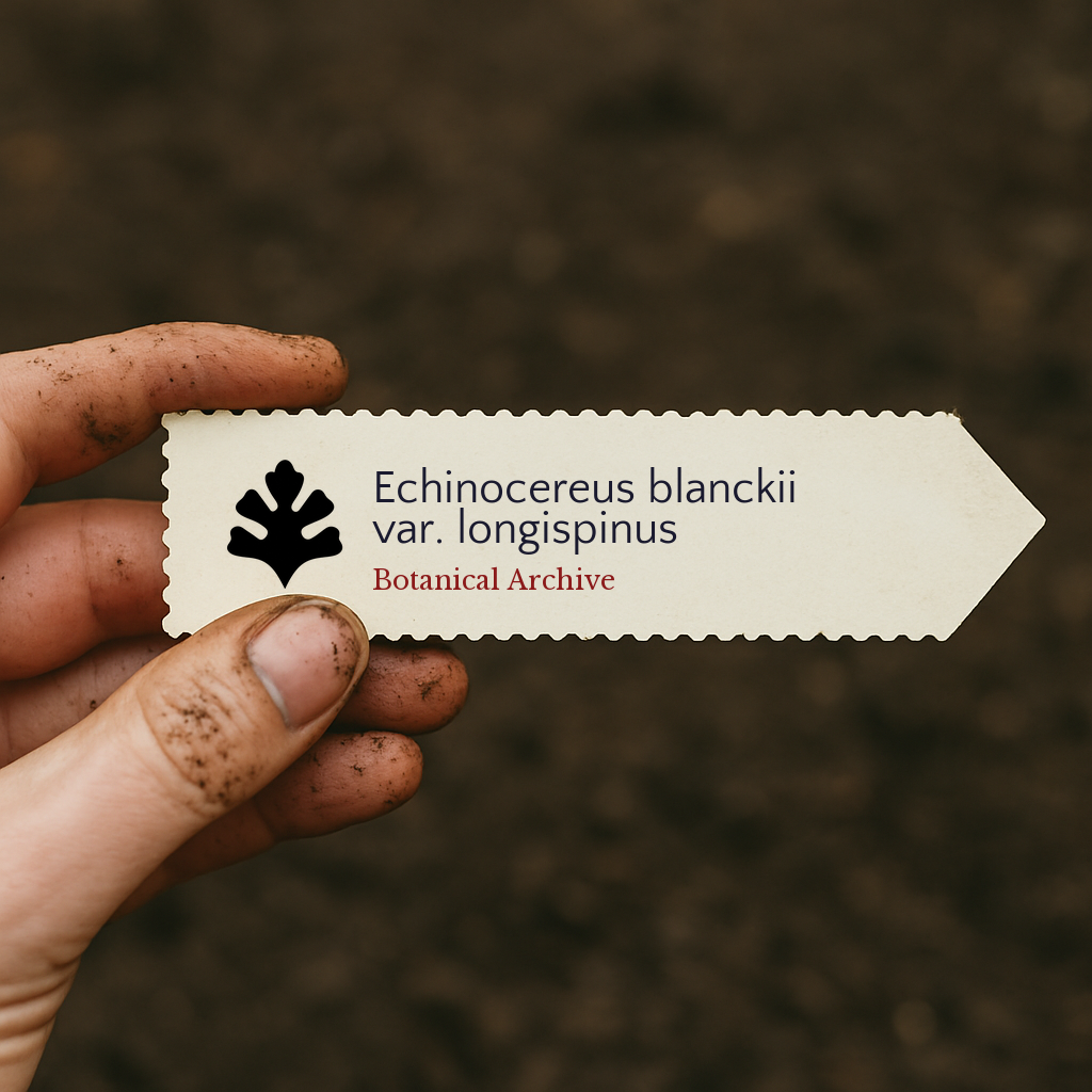 Printed plant label for Echinocereus blanckii var. longispinus held by dirty hand over soil background